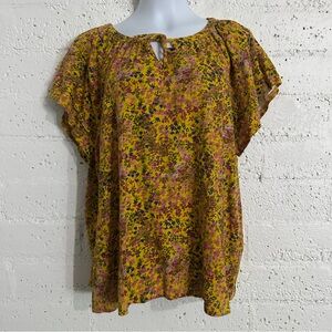 Time & Tru Womens Top XXXL 22 Yellow Floral Short Sleeve Tie Neck 100% Cotton
